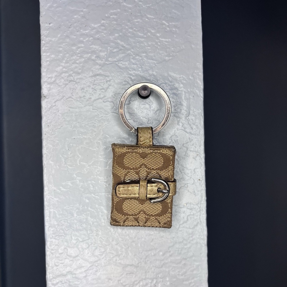 Vtg Coach Brown Beige Signature Leather Photo Frame Keychain Purse Charm